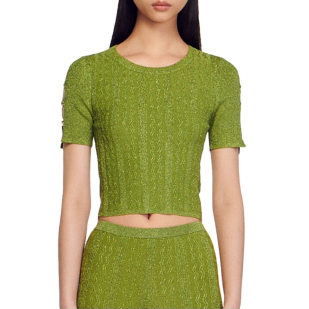 NWT Sandro Manacor Metallic Short Sleeve Top w/ some pulls - Picture 3 of 13
